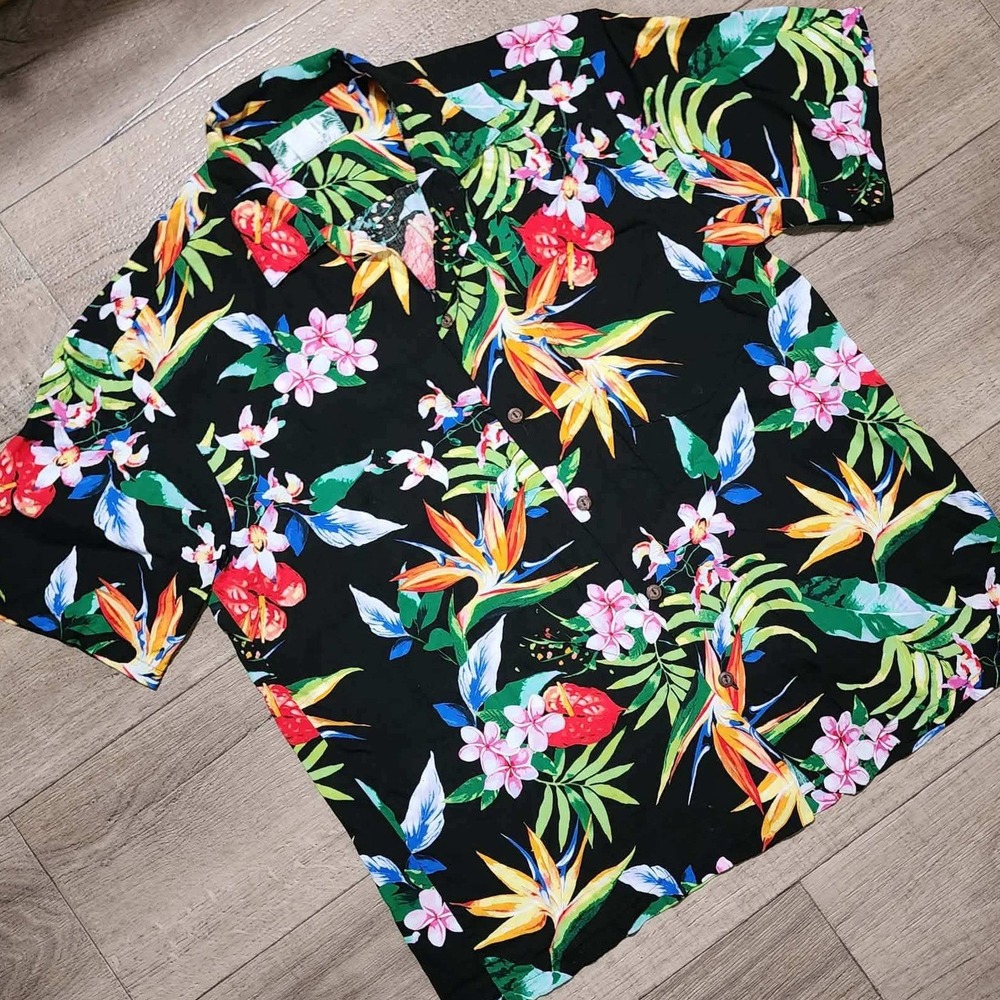 Vintage Two Palms Men Hawaiian Shirt L Black Bird of Paradise Floral Made in USA